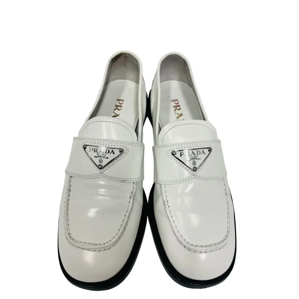 PRADA White Leather Metal Triangle Logo Slip-On Loafers Size 36.5 US 6.5 - Picture 6 of 11